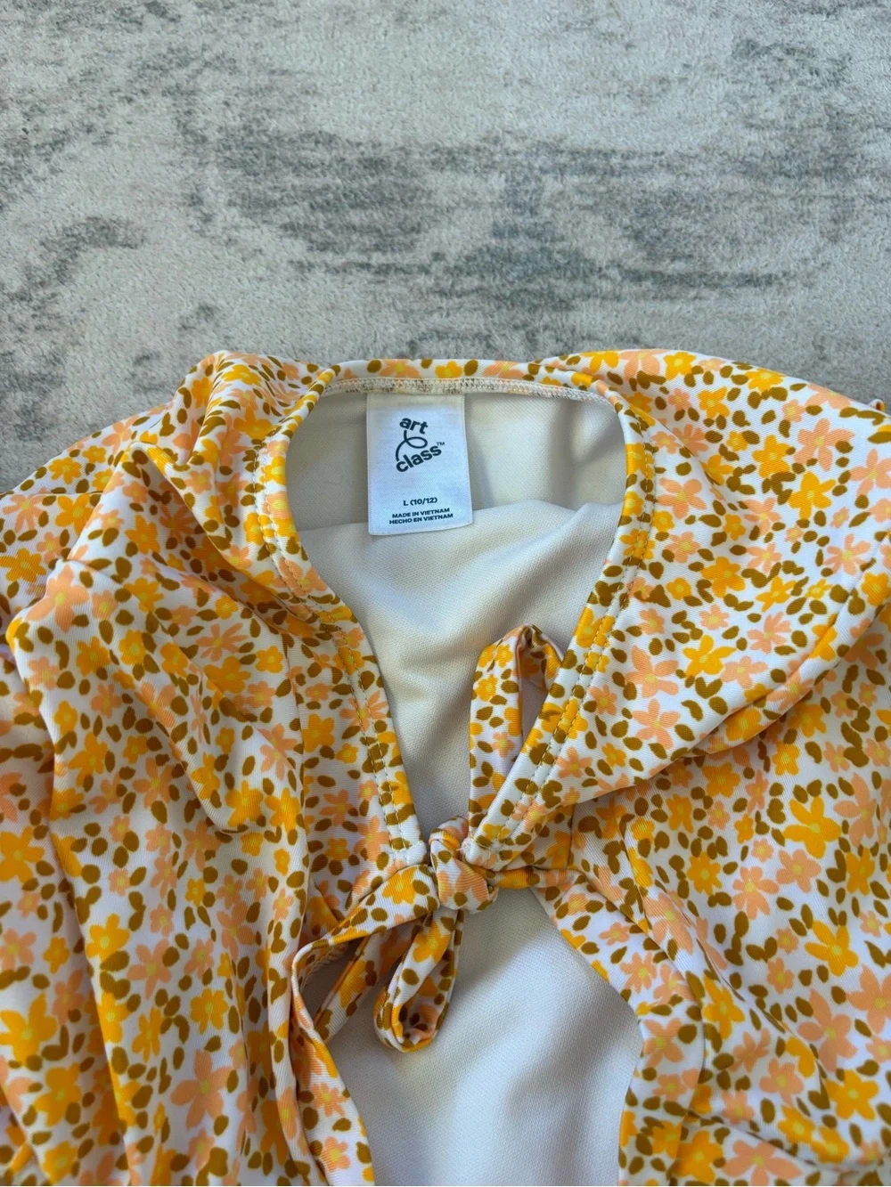 Girl’s Long Sleeve One-Piece Swimsuit Set of 2 Pink & Yellow Floral L (10/12)